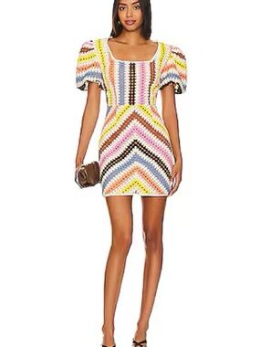 Elliatt Multicolor Chevron Crochet Mini Dress with Puff Sleeves
